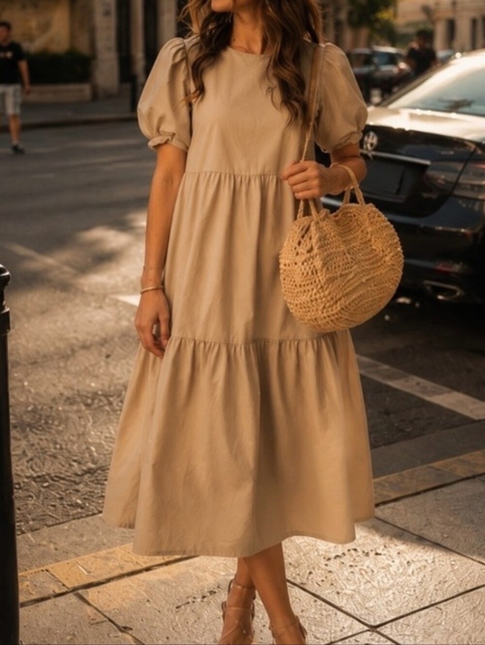 Zara Beige Puff Sleeve Tiered Midi Dress
